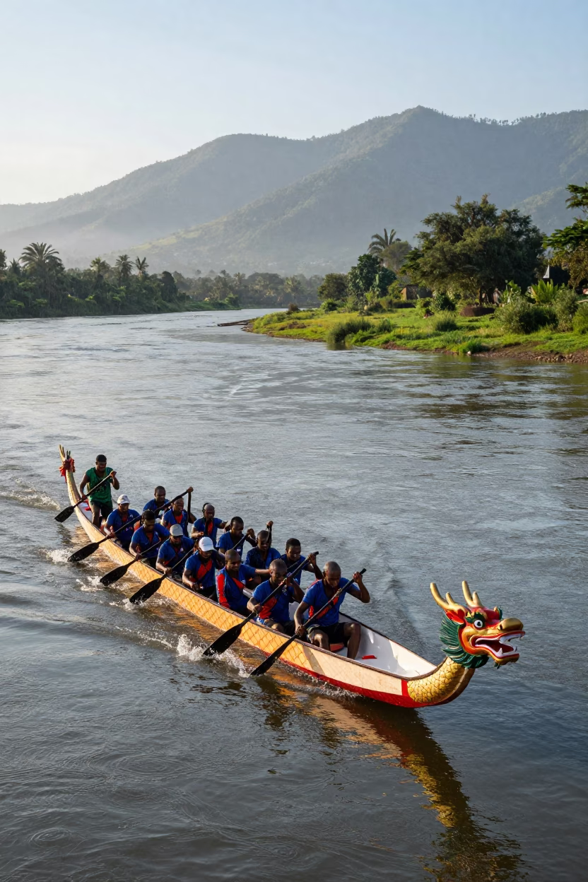Dragon Boat Team Racing Kasulu Rain in along a switchback approach near Kasulu