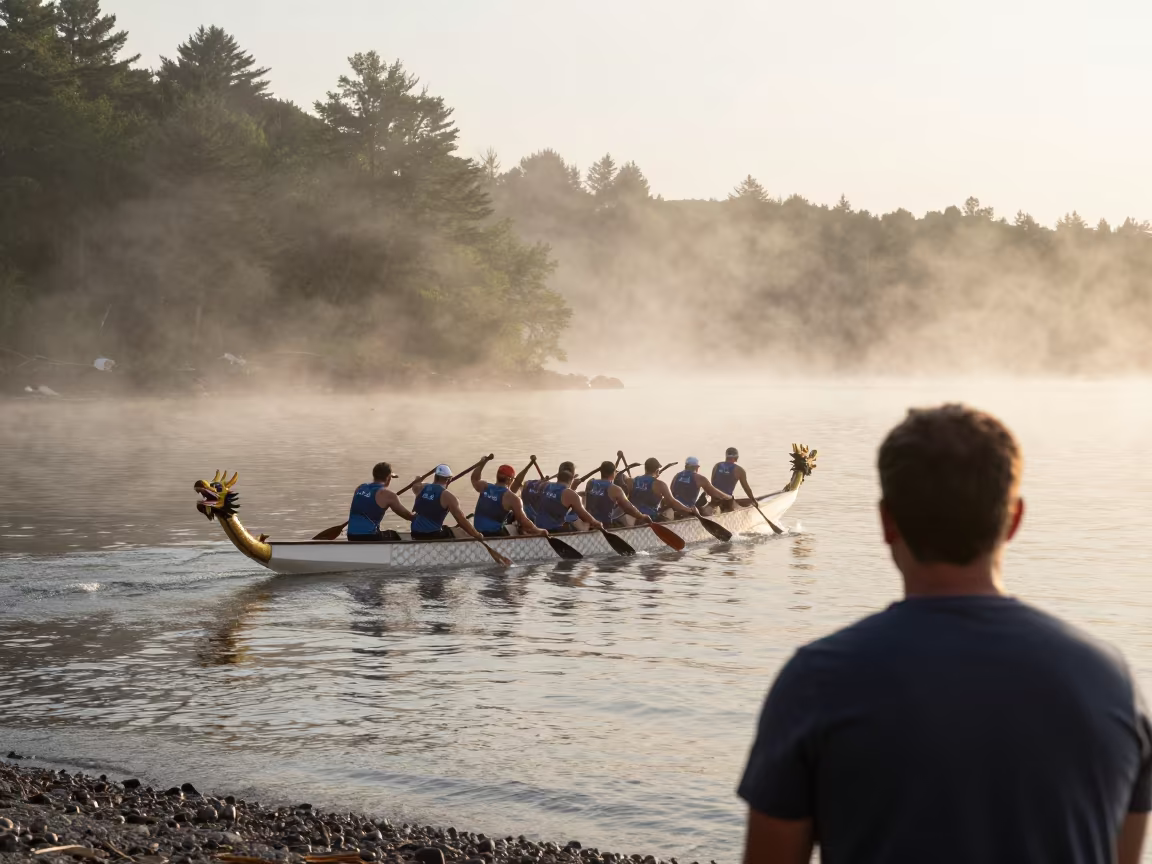 Dragon Boat Team Racing in Maine Mist in along a switchback approach in Maine