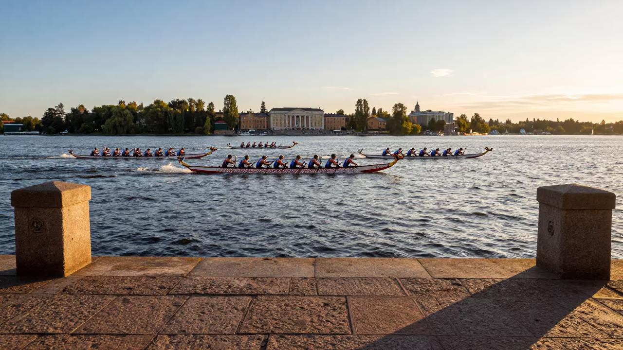 Dragon Boat Team Racing Swedish Causeway in on a wind-open causeway in Sweden