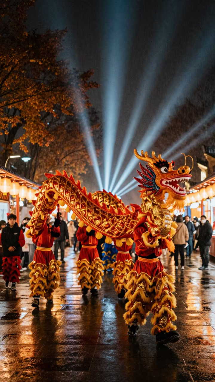 Dragon Dance at Beijing Night Market Midnight in at a night market near Beijing