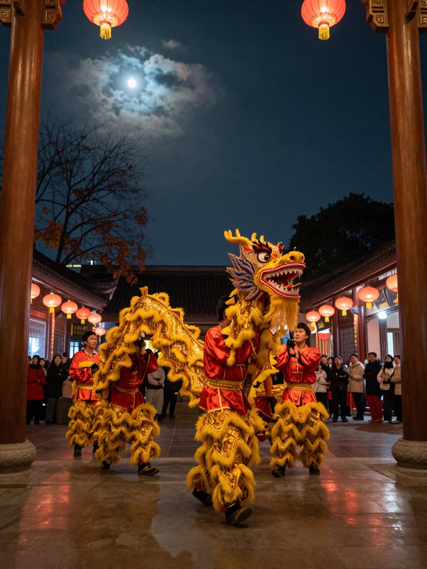Dragon Dance Under Moonlight in Chengdu Hall in in a ceremonial hall in People's Park, Chengdu