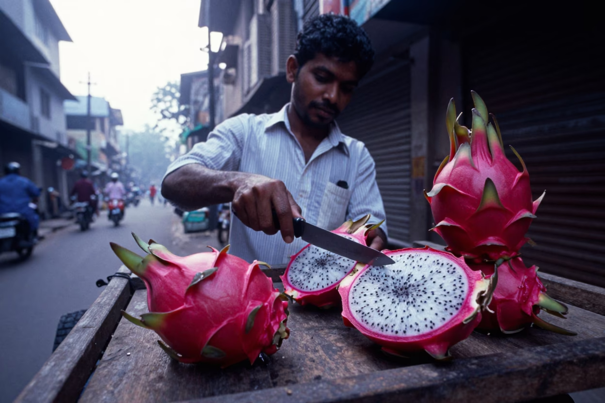 Dragon Fruit in Mumbai at Sunrise Light in in Mumbai, India