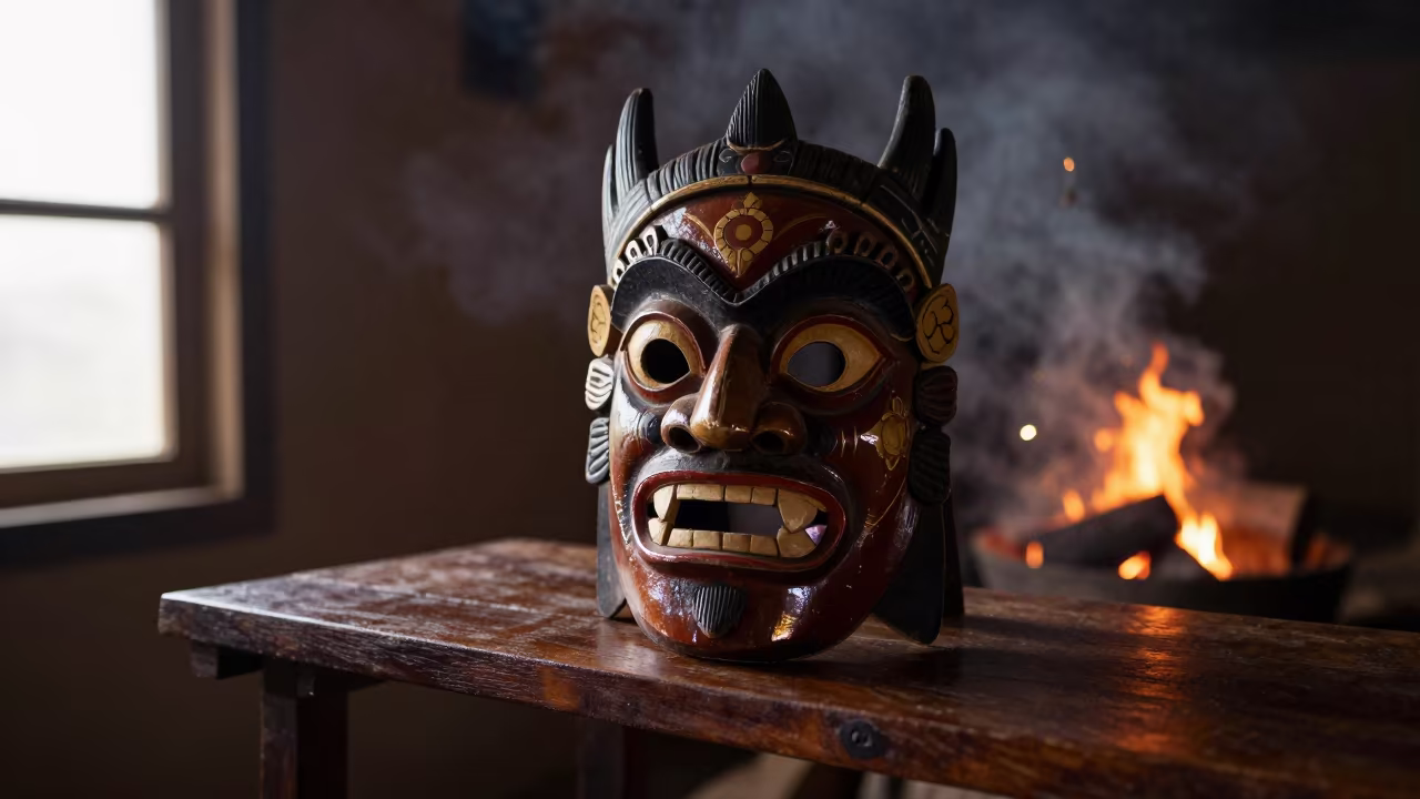 Dragon Mask in Predawn Smoke Douala Harvest in on a lacquered display shelf in Douala