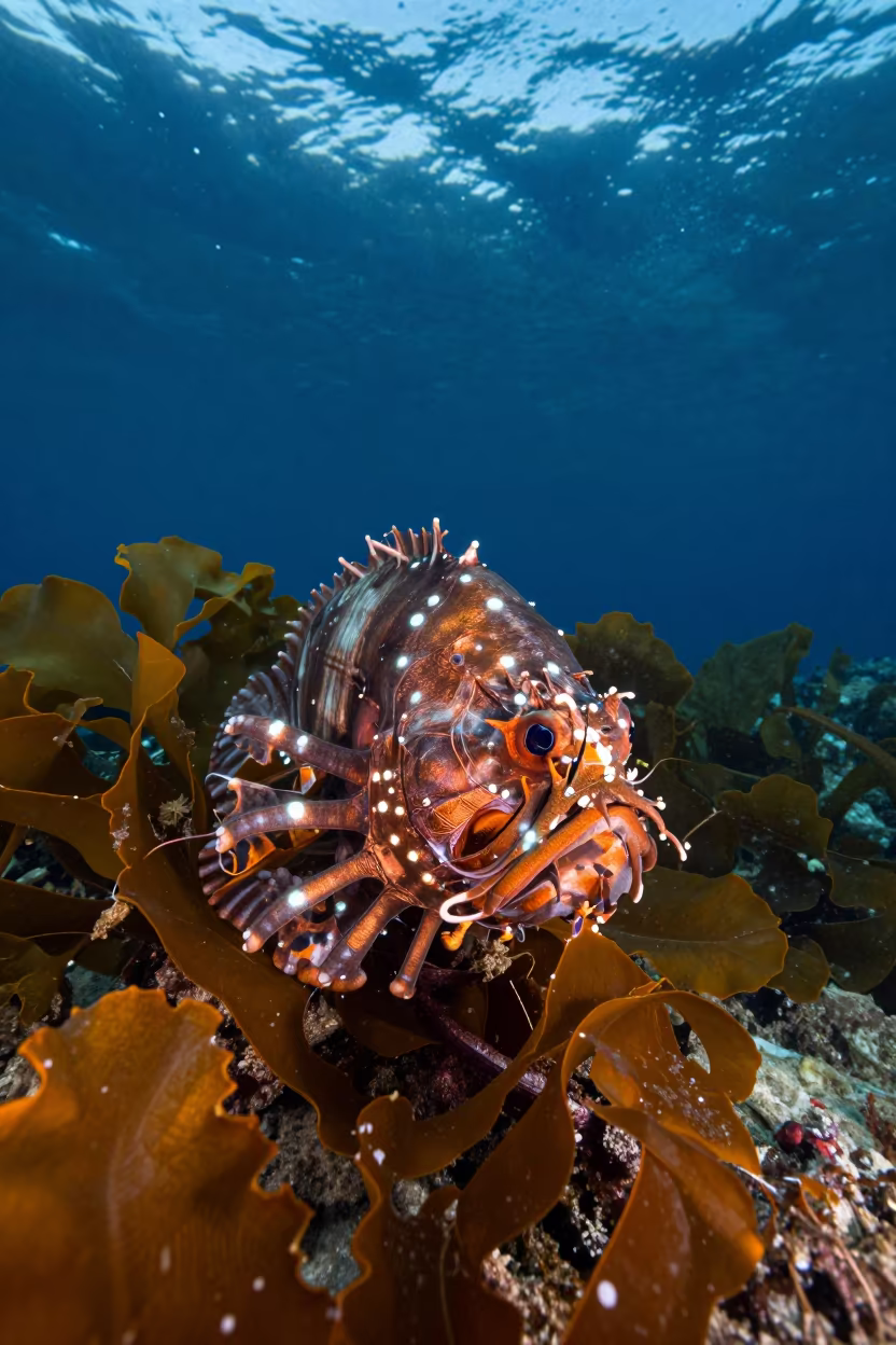 Dragonfish Glowing Barbel in Fiji Kelp in along a kelp-fringed shelf in Fiji
