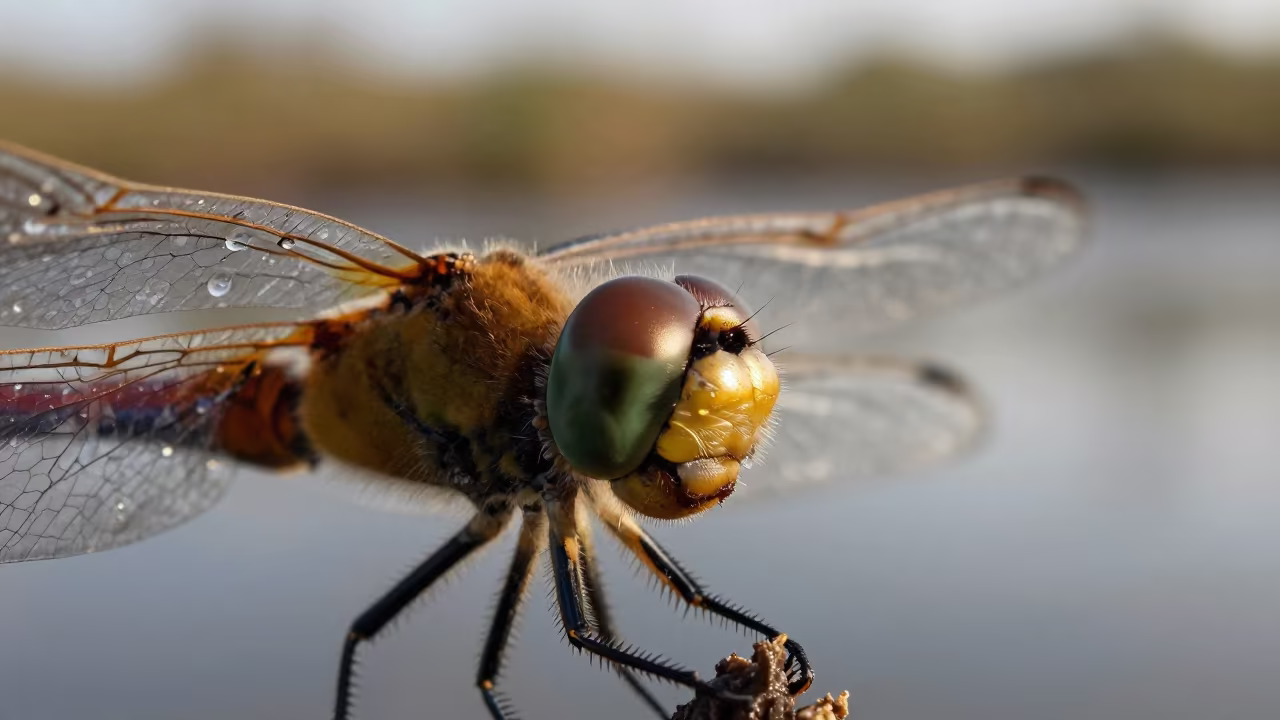 Dragonfly Compound Eye Facets Glowing in Winter Drizzle in beside a tidal inlet in Kansas