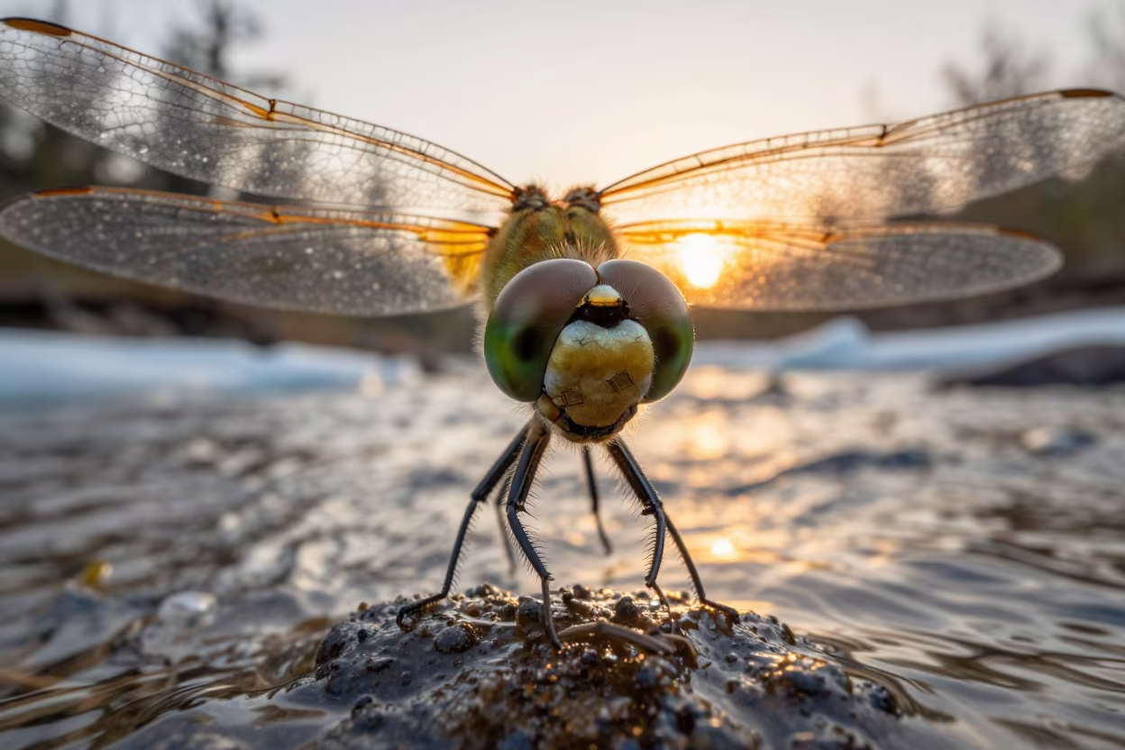 Dragonfly Compound Eye Golden Light in above a glacial stream near Nyala
