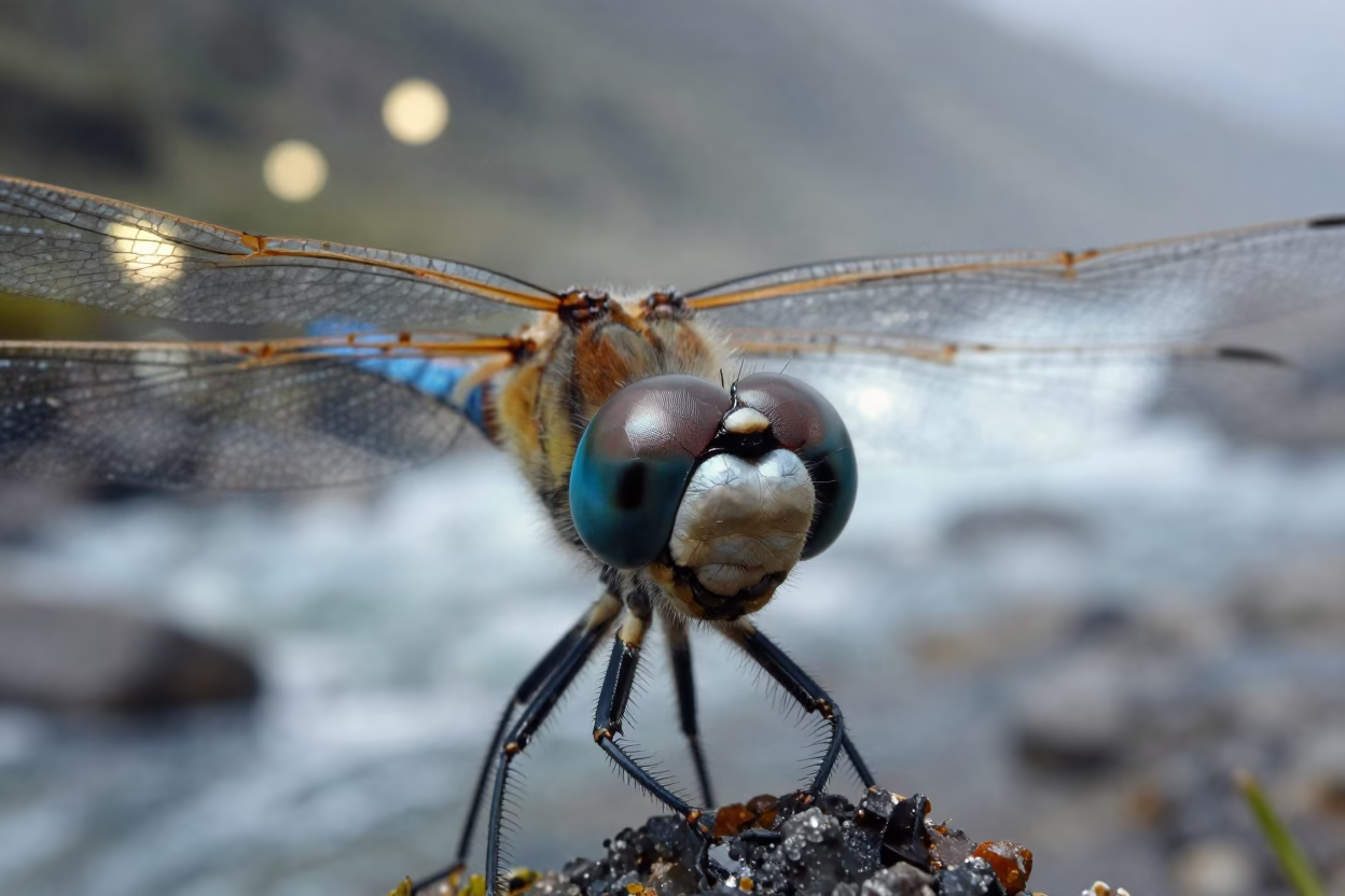 Dragonfly Eye Catching Blue Light in above a glacial stream in Chile
