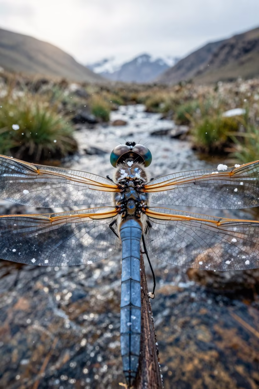 Dragonfly Eye Catching Blue Light Above Glacial Stream in above a glacial stream in Lesotho