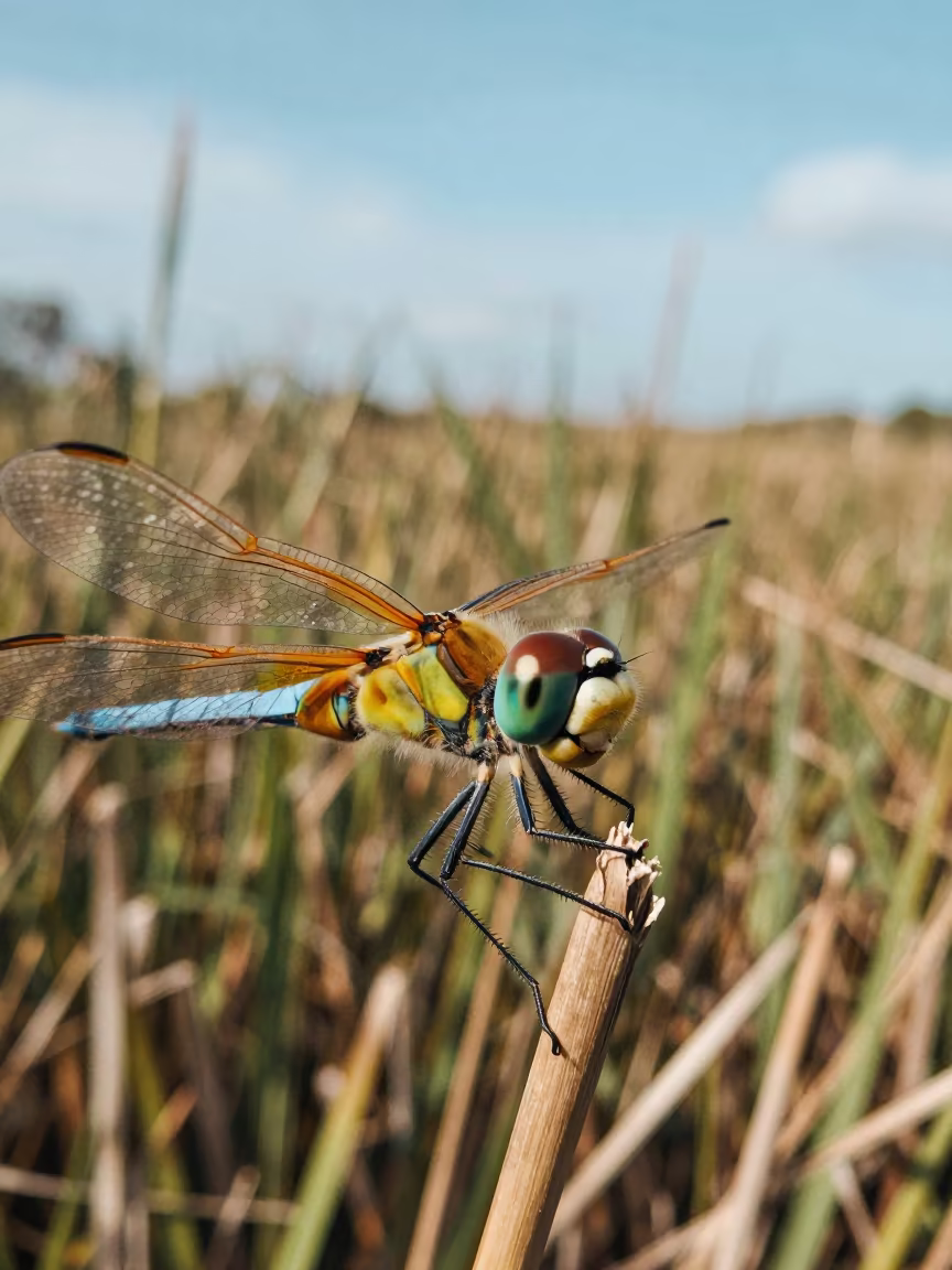 Dragonfly Eye Facets Glowing in Coastal Light in at the edge of a reed bed in Jamaica
