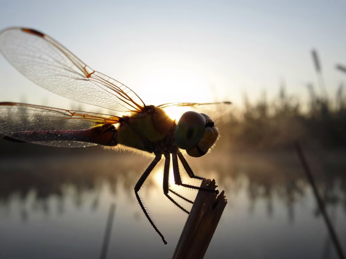 Dragonfly Eye Facets Golden Hour Silhouette in at the edge of a reed bed in Paraguay