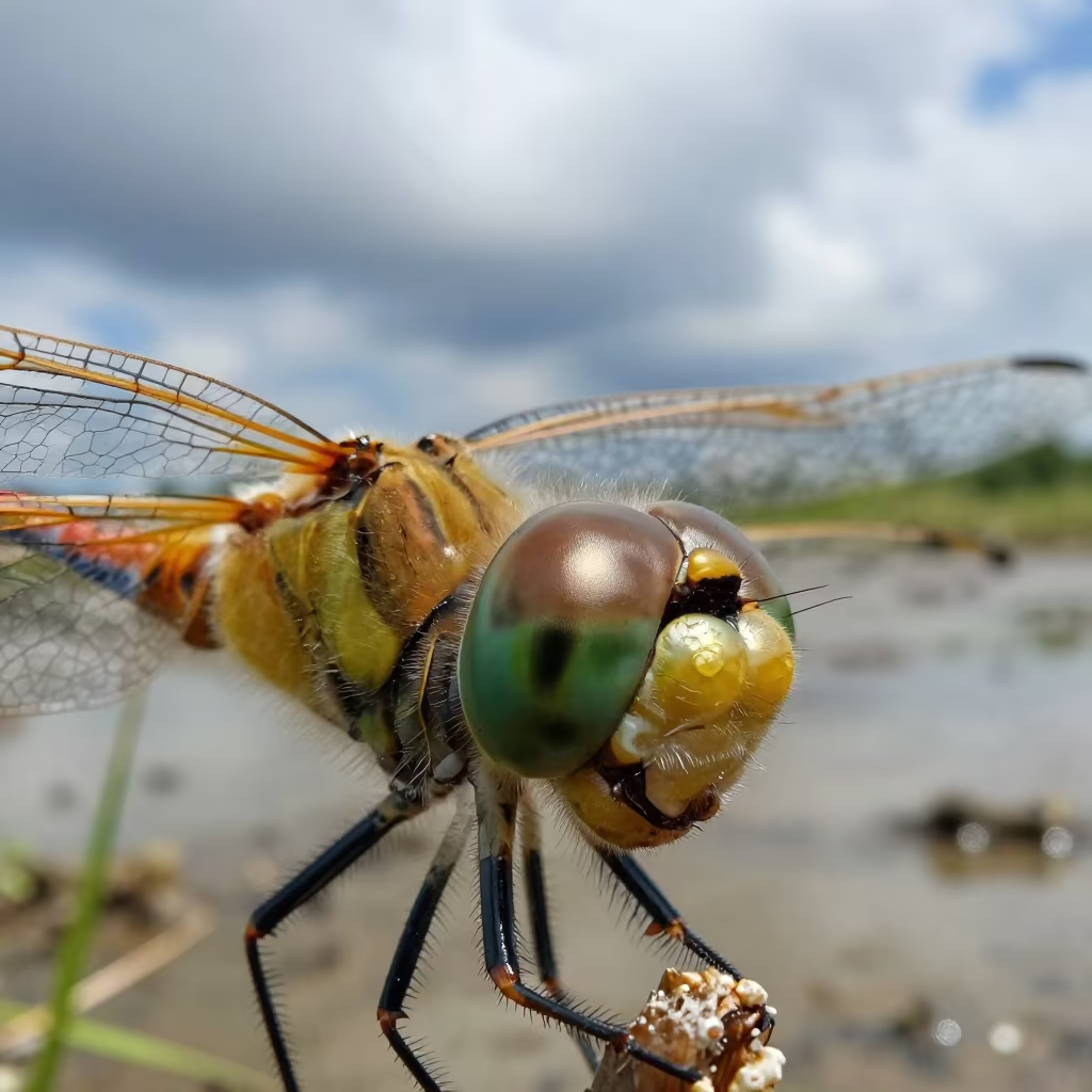 Dragonfly Eye Green Gold Midmorning Light in beside a tidal inlet in North Macedonia