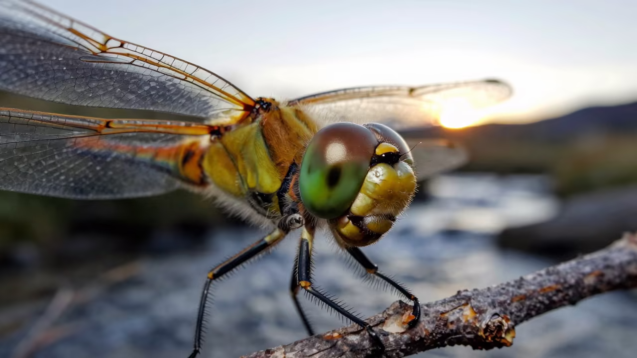 Dragonfly Eye Green Gold Patagonia Sunset in above a glacial stream in Patagonia