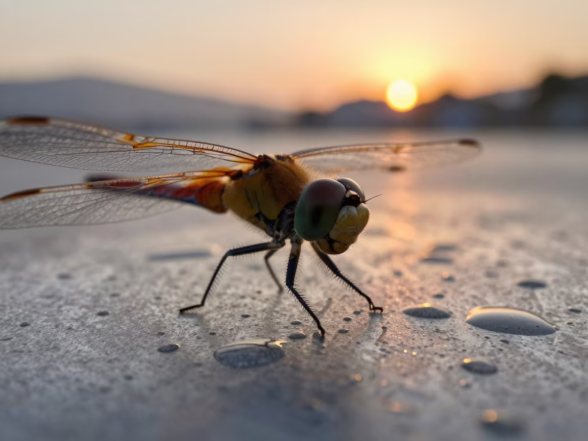Dragonfly Eye Macro in Izmir Sunset Light in across a rain-beaded metal surface in Izmir