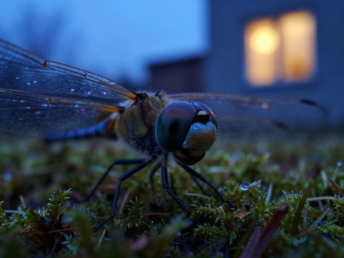 Dragonfly Eye Macro in Winter Twilight in on dew-soaked moss in Sialkot