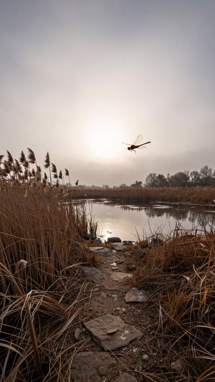 Dragonfly Hovering Over Autumn Pond in along a game trail near Bat Yam