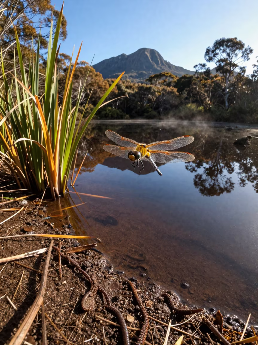 Dragonfly Hovering Over Tasmanian Pond in in Tasmania