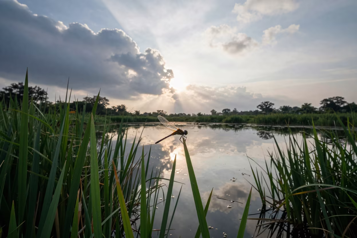 Dragonfly on Reed in Veraval Morning Mist in near Veraval