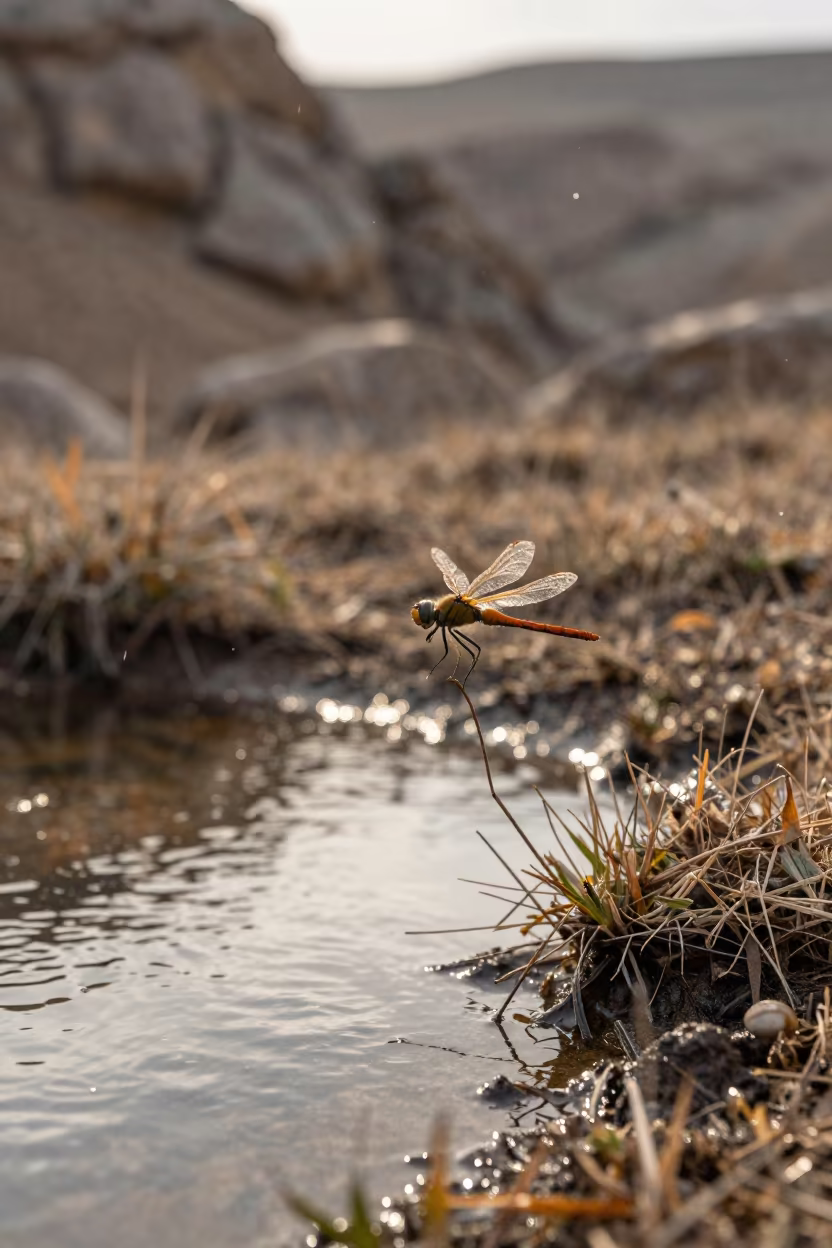 Dragonfly Over Pond in Erzurum Winter in on a wind-scoured ridge near Erzurum