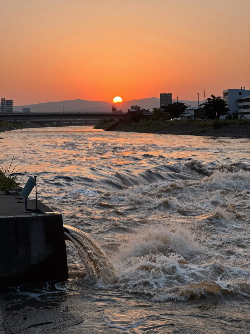 Drain Outfall in Osaka at As The Sun Drops Toward The Horizon in in Osaka, Japan