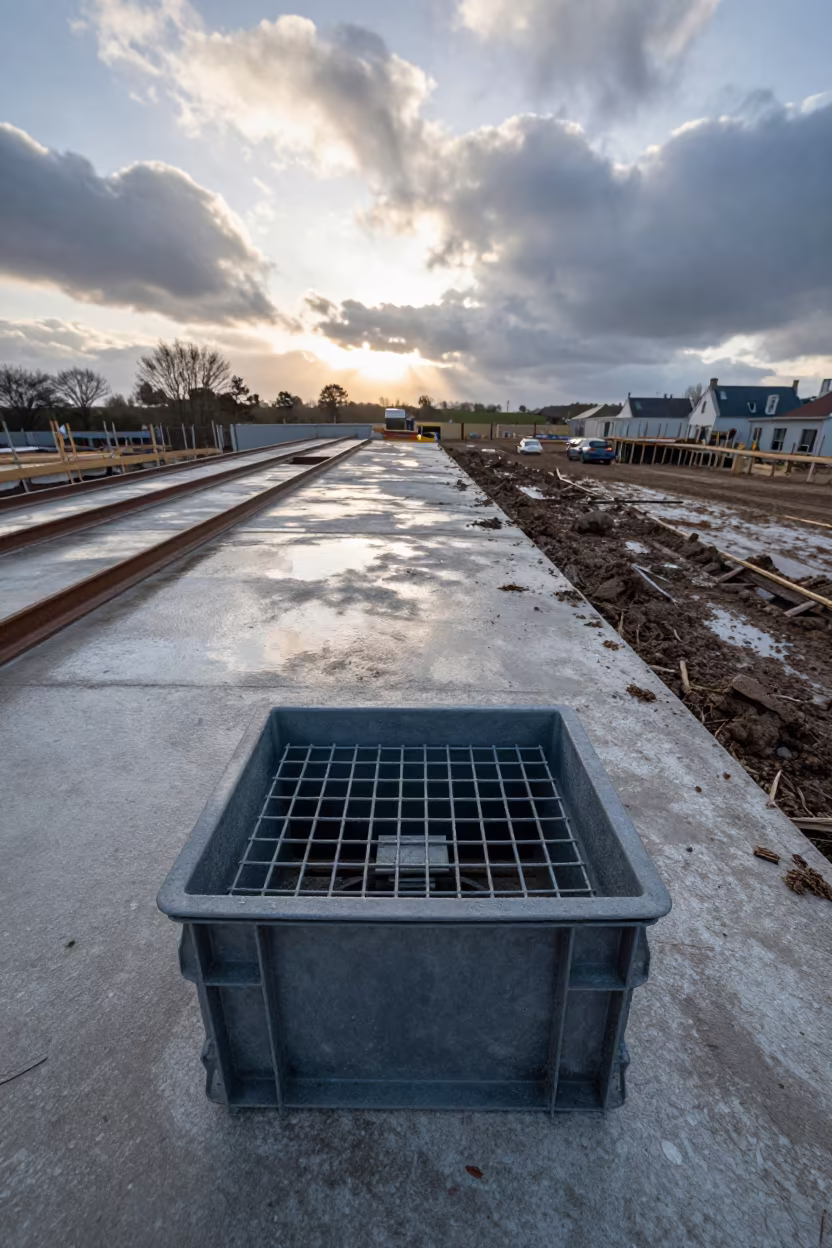 Drain Strainer on Brittany Construction Site at Dawn in at a muddy site access road in Brittany