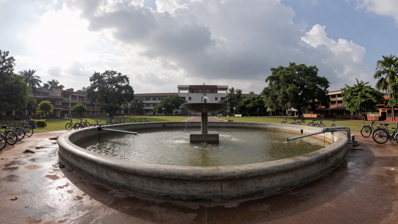 Drained Campus Fountain Before Graduation Dawn in beside campus bike racks at dawn near Pune