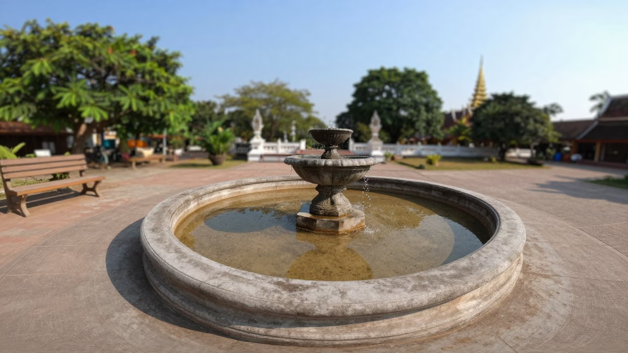 Drained Campus Fountain Luang Prabang Late Afternoon in along a schoolyard walkway near Luang Prabang