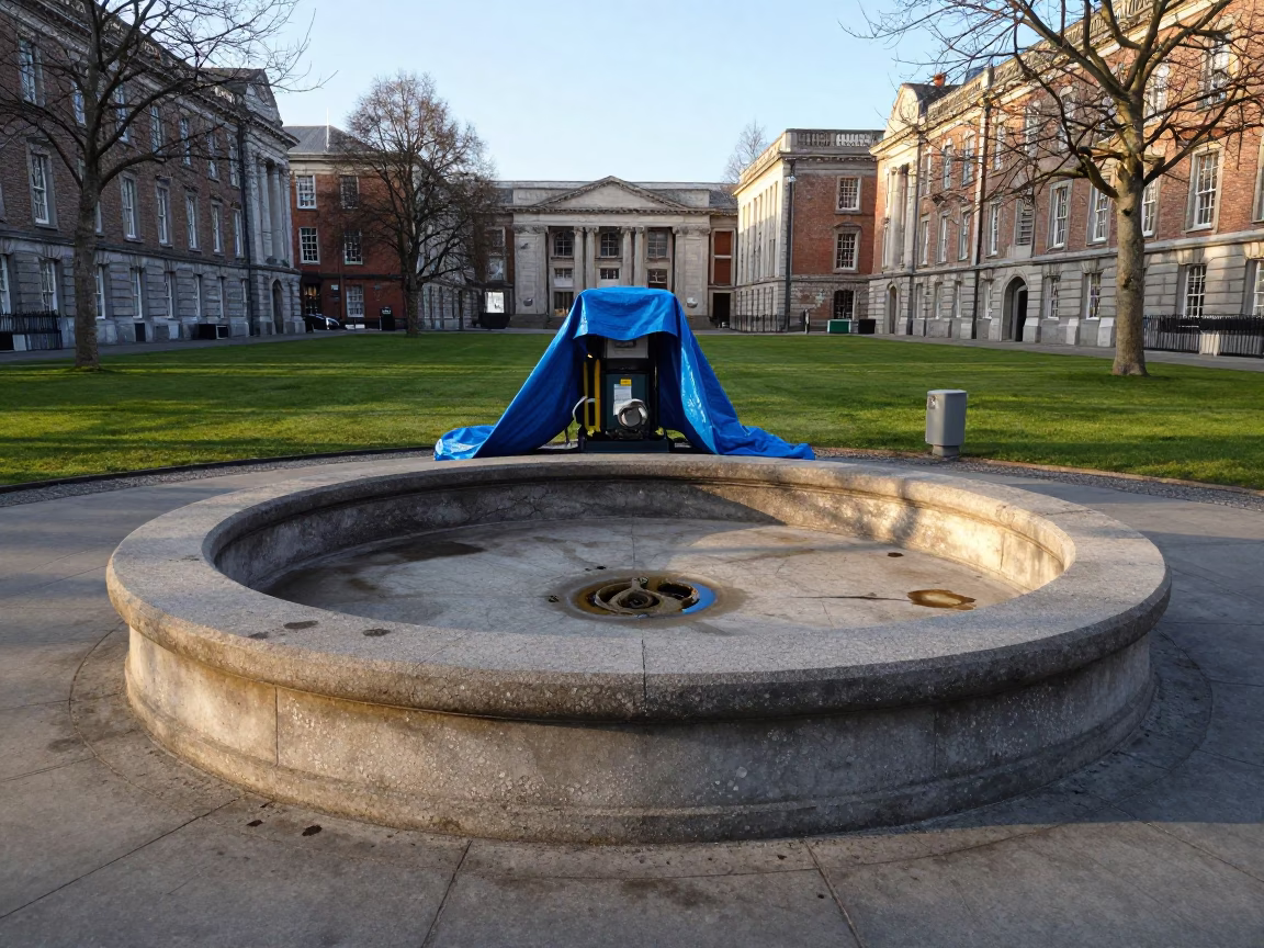 Drained Campus Fountain Maintenance in Dublin Ireland Late Afternoon Light in in Dublin, Ireland