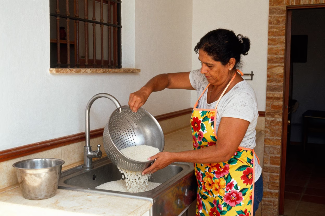 Draining Rice in Valencia in in Valencia, Spain