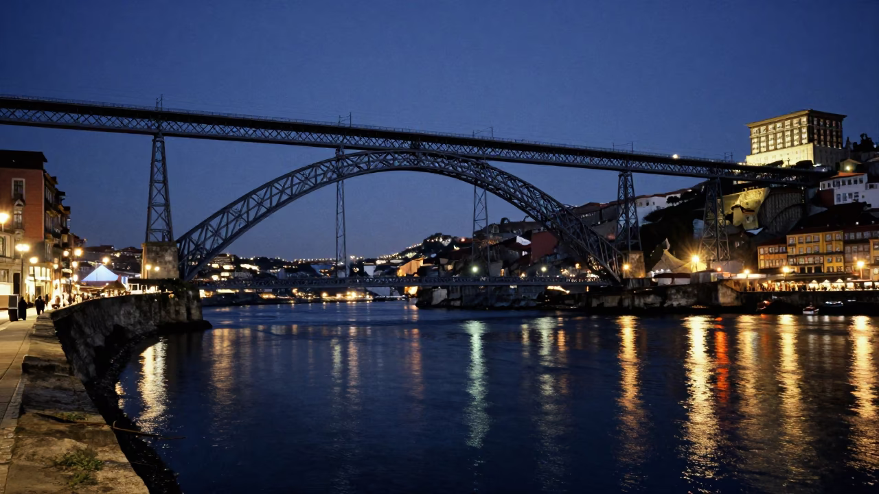 Drawbridge Counterweight Tower Reflected at Midnight Light in Porto in in Porto, Portugal