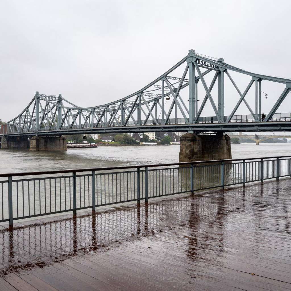 Drawbridge Deck Lacquered With Rain And River Light In New Orleans Midday in in New Orleans, Louisiana, United States