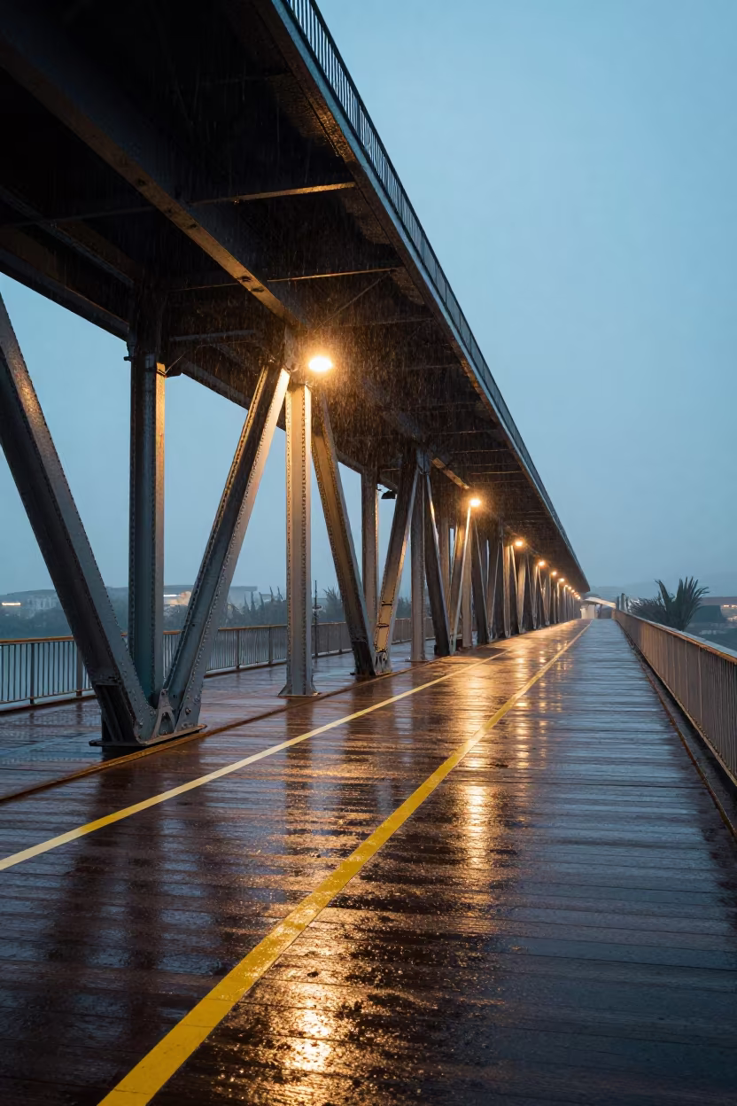 Drawbridge Deck Markings Shine in Naples Drizzle in beneath a bridge span in Naples