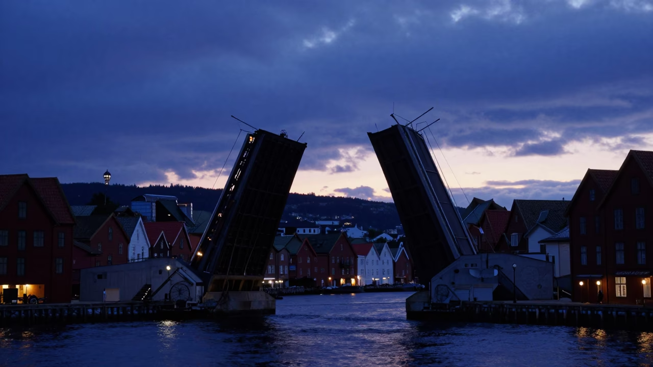 Drawbridge Lifted at Indigo Twilight After Sunset in Bergen in in Bergen, Norway