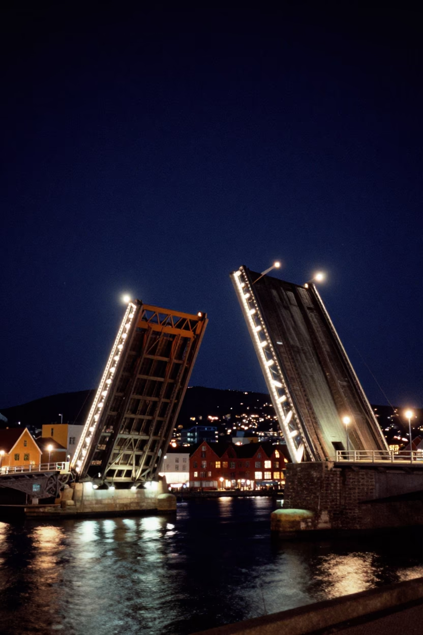 Drawbridge Lifting in Bergen at The Deepest Night Sky Light in in Bergen, Norway