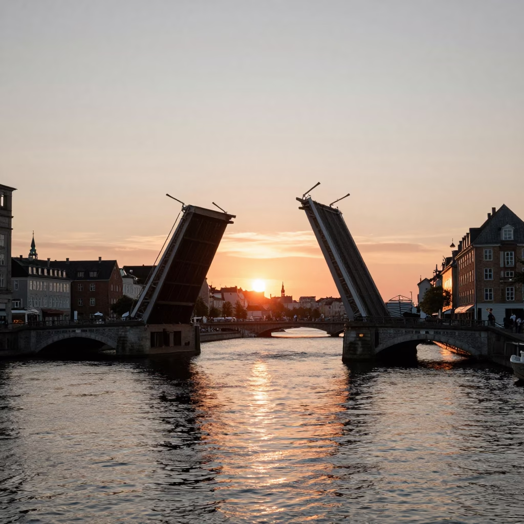 Drawbridge Lifting in Copenhagen at As The Sun Drops Toward The Horizon in in Copenhagen, Denmark