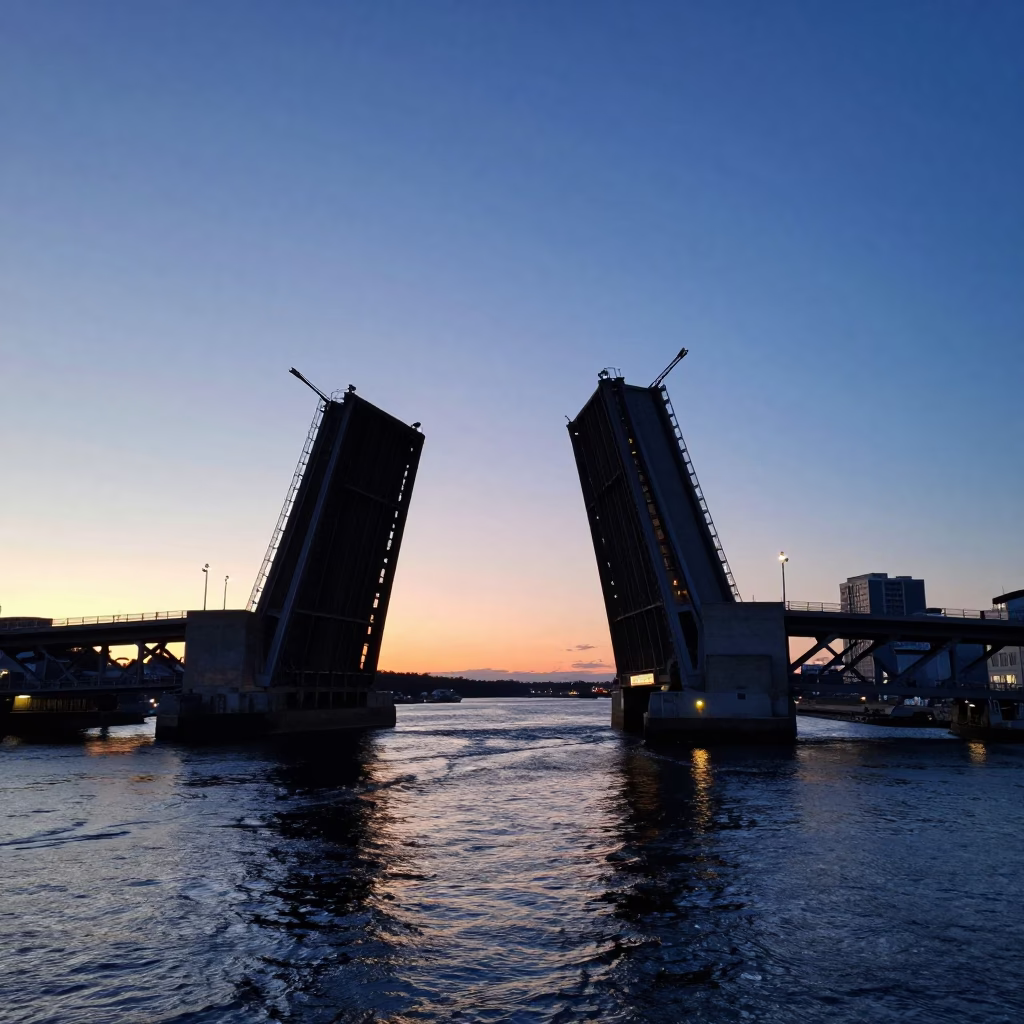 Drawbridge Lifting in Halifax at The Predawn Darkness Light in in Halifax, Nova Scotia, Canada