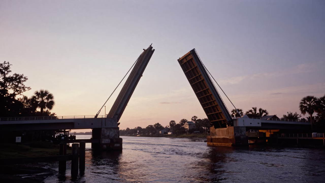Drawbridge lifting over dark tidal channel in Charleston South Carolina before sunrise in in Charleston, South Carolina, United States