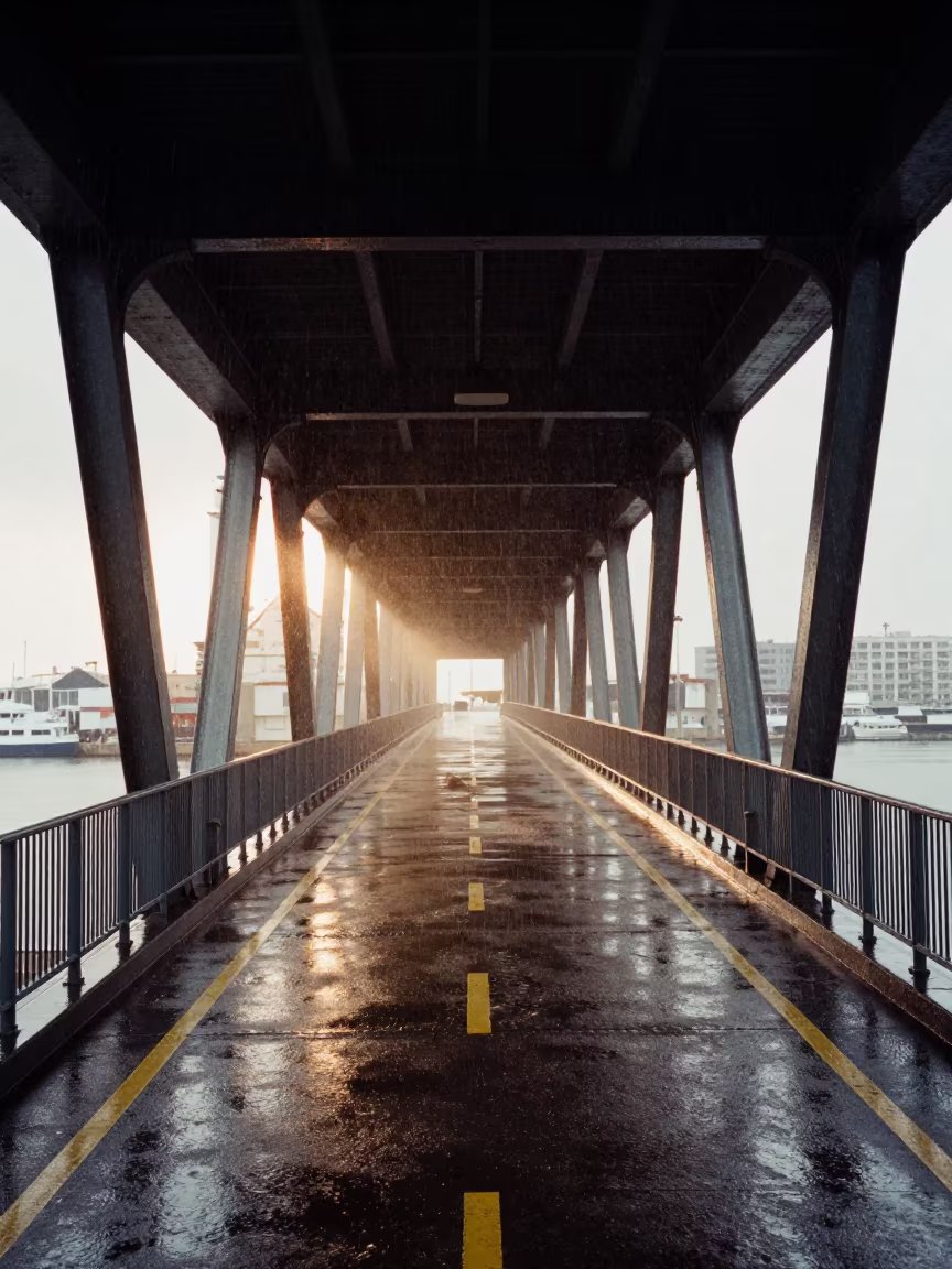 Drawbridge Markings Shine in Catalonian Harbor Drizzle in under a viaduct of steel and concrete in Catalonia