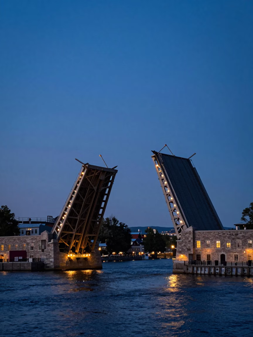 Drawbridge Raising in Quebec City at Indigo Twilight After Sunset in in Quebec City, Quebec, Canada