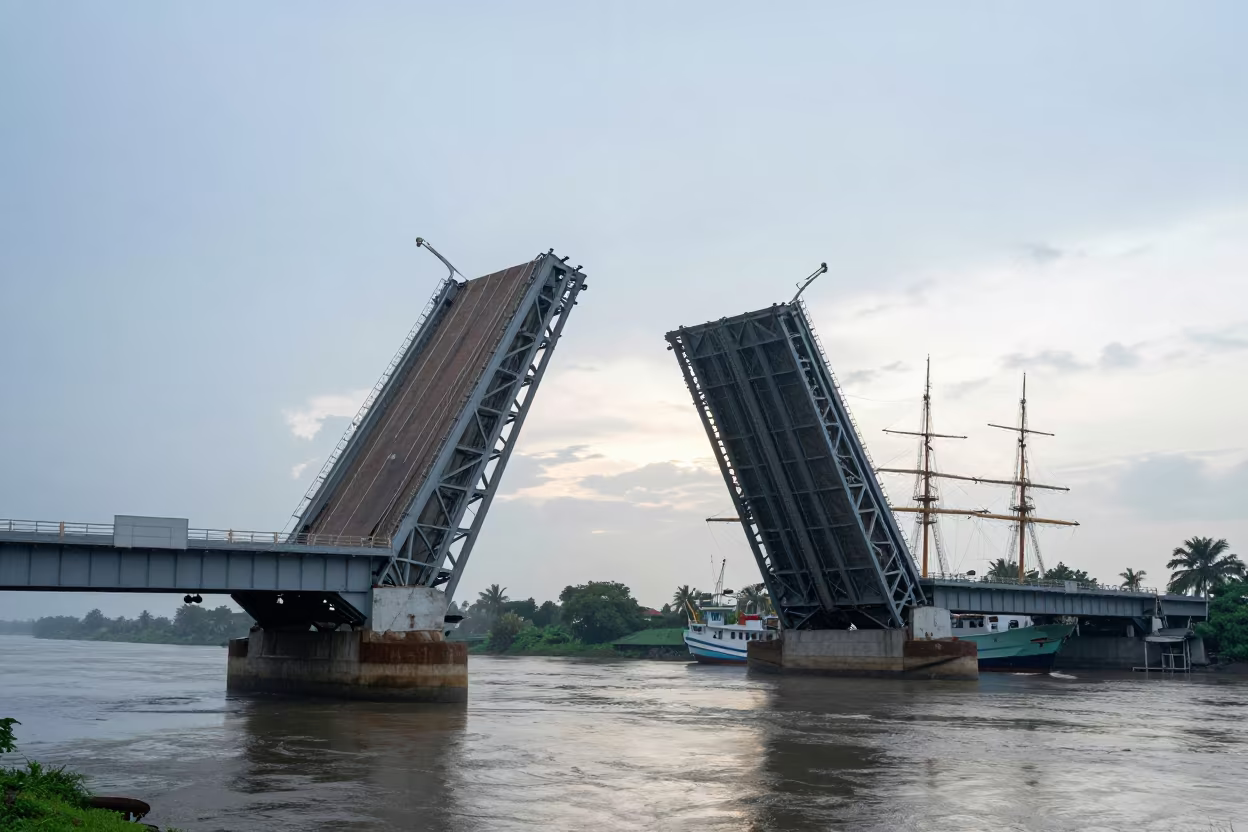 Drawbridge Raising for Tall Ship at Myanmar Dawn in under a viaduct of steel and concrete in Myanmar