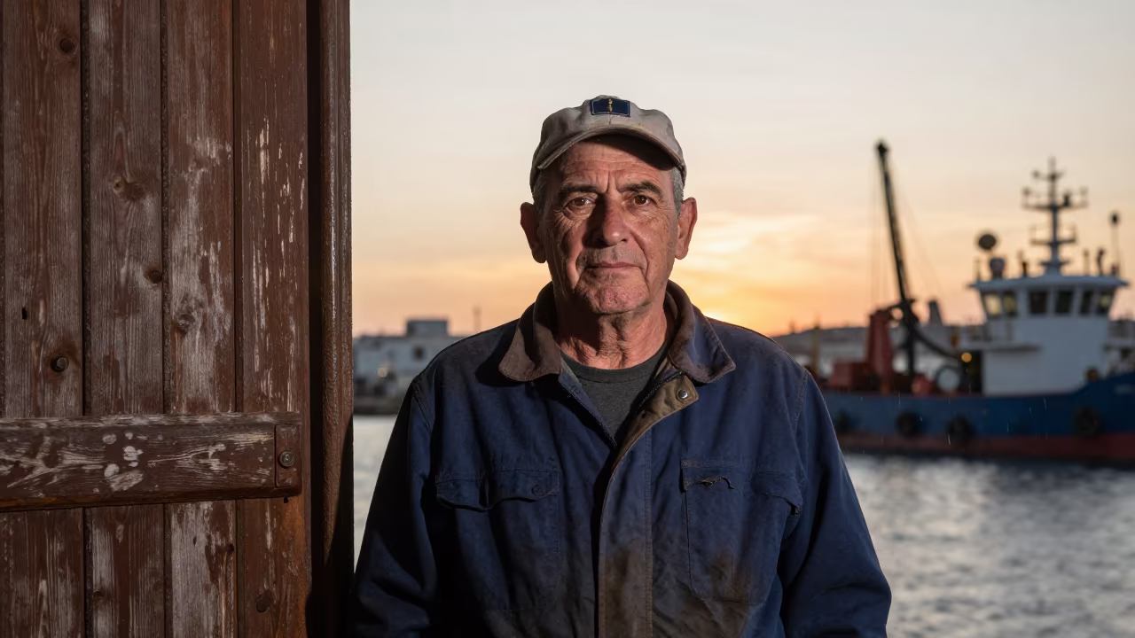 Dredge Captain Portrait Near Barcelona Doorway in against a weathered doorway near Barcelona