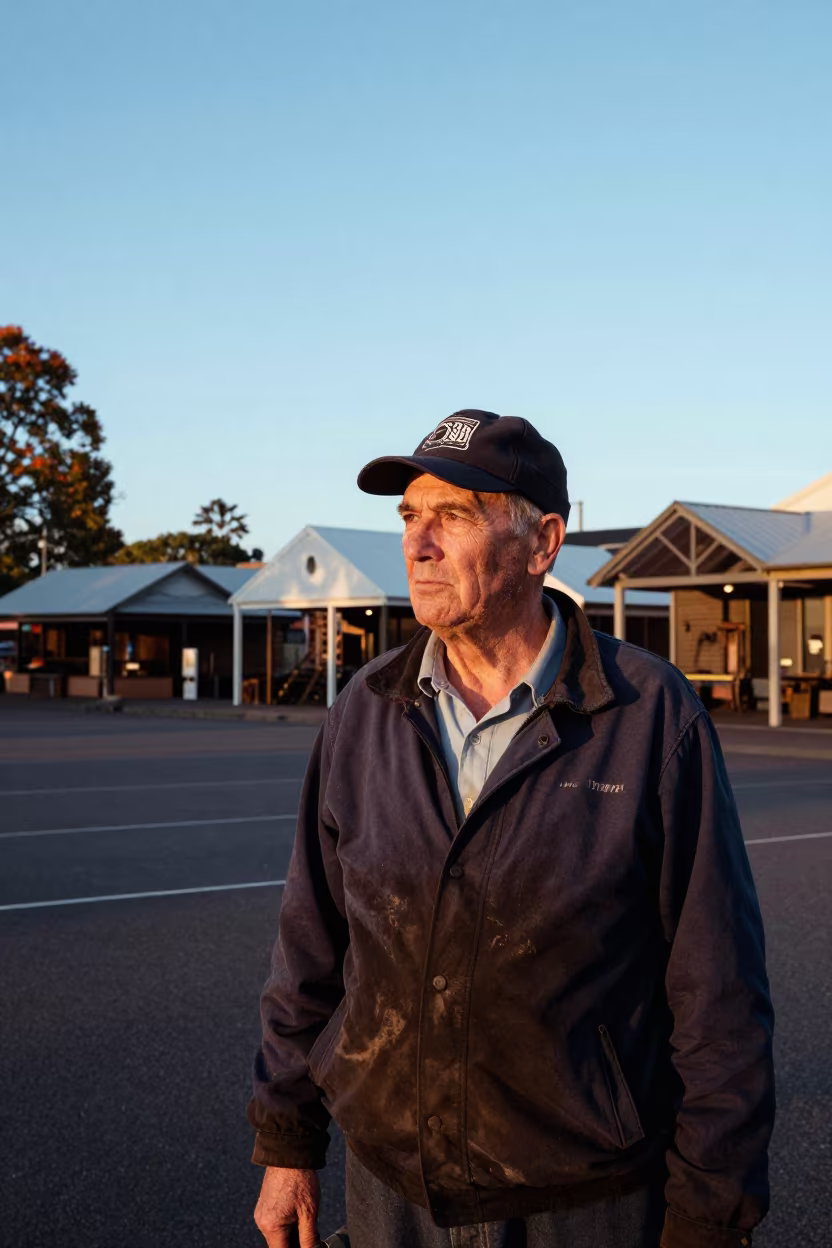 Dredge Captain Portrait in Sydney Blue Evening Light in at the edge of a village square near Sydney