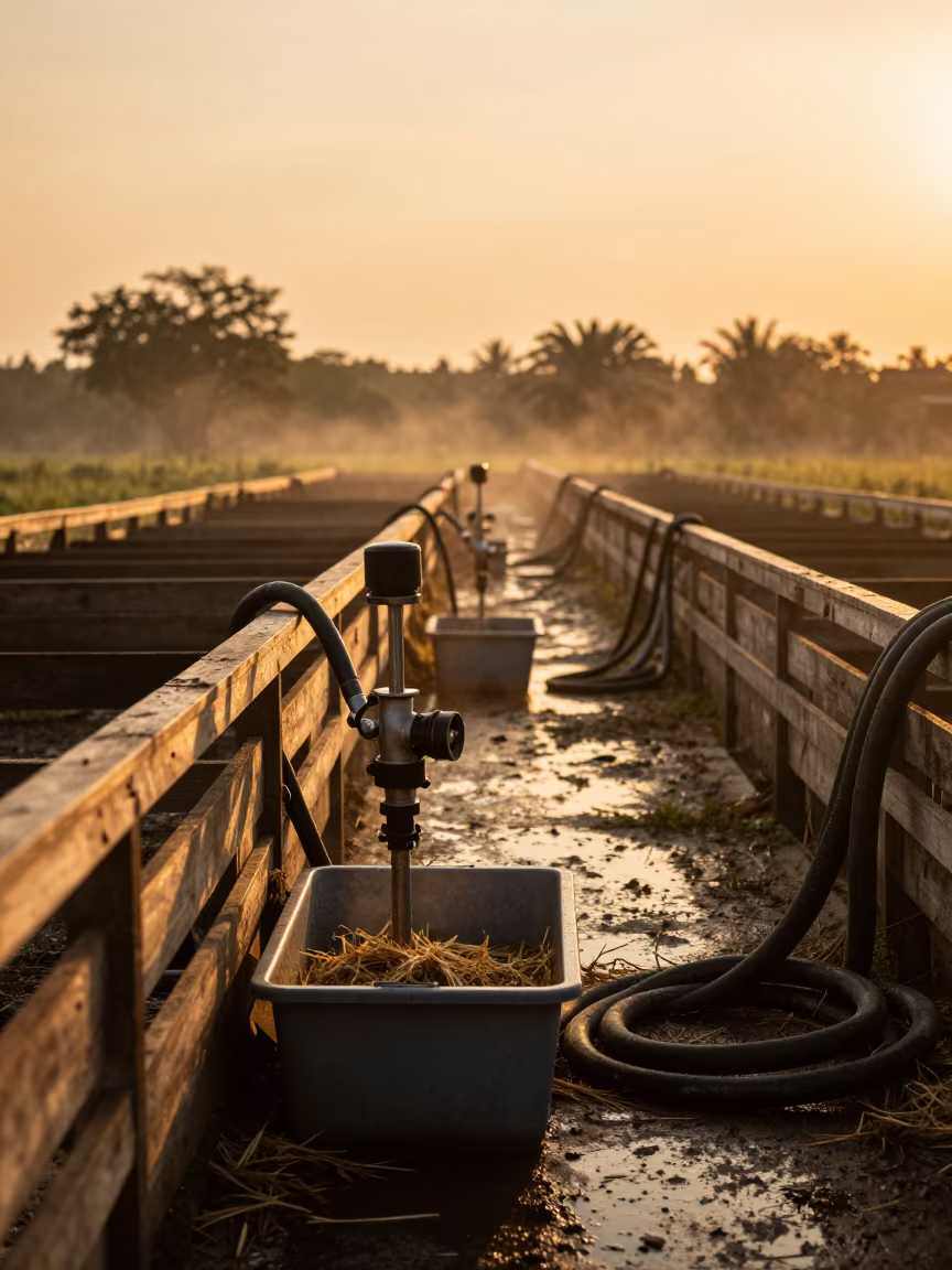 Drench Gun Cleaning Tray in Mekong Delta Barn Dust in along a feedlot lane in the Mekong Delta