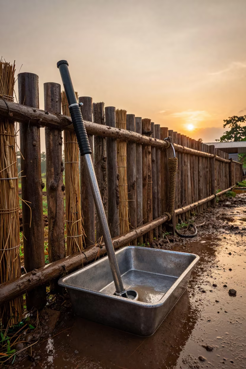 Drench Gun Cleaning Tray in Thai Barn Dust in along a muddy paddock fence in Thailand