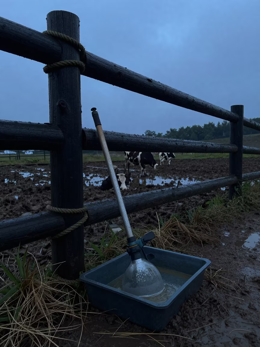 Drench Gun in Muddy Tohoku Barn Dust in along a muddy paddock fence in Tohoku