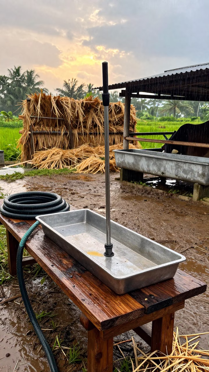 Drench Gun Tray Under Barn Light in near a windbreak and water trough in Philippines