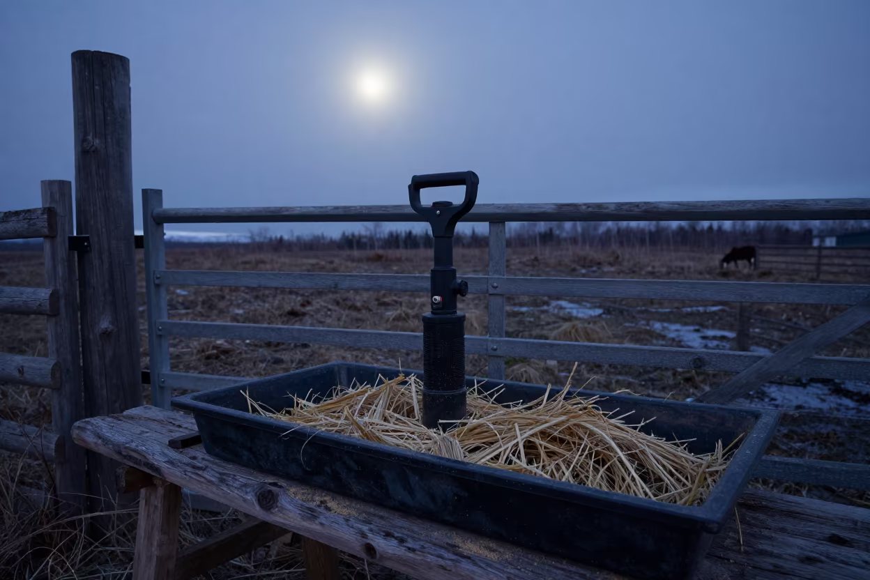 Drench Gun Tray in Moonlit Kamchatka Night in beside a pasture gate in Kamchatka