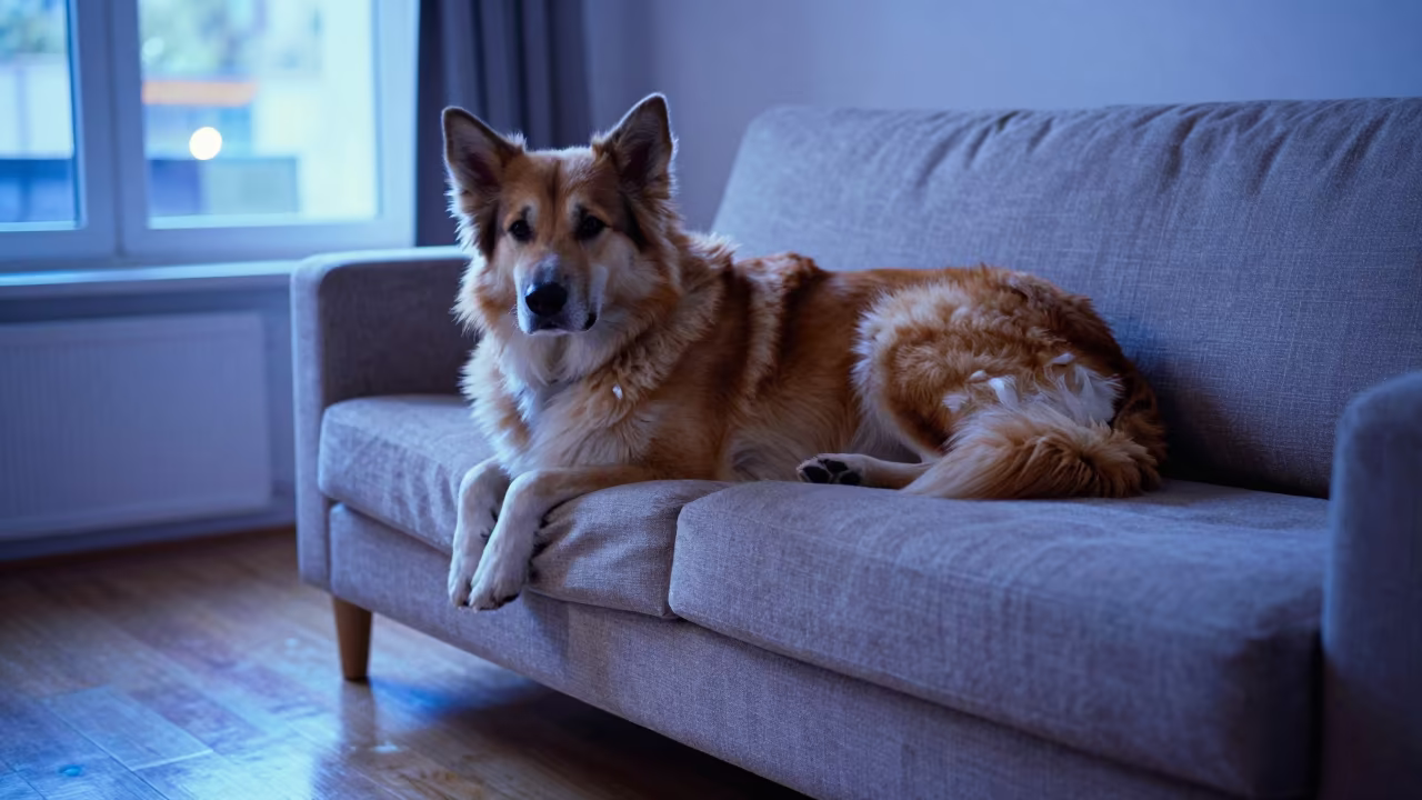 Drentsche Patrijshond on Linen Sofa Evening Light in on a linen sofa with daylight from a nearby window in Santos