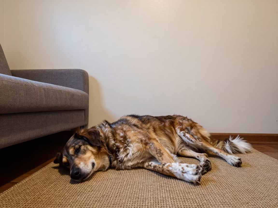 Drentsche Patrijshond on Rug in Az Zubur Home in on a woven rug beside a low couch and an uncluttered wall near Az Zubayr