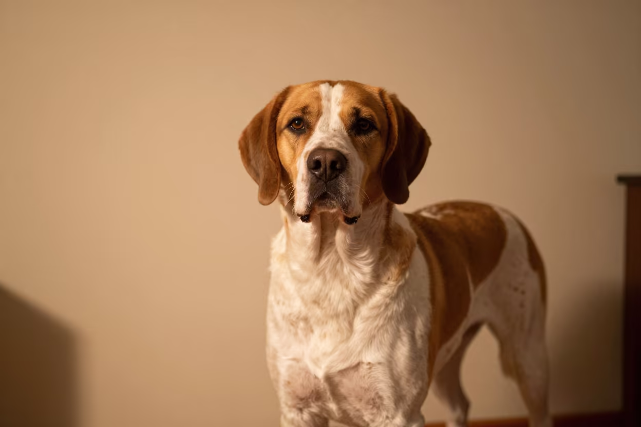 Drentsche Patrijshond Portrait Almaty Golden Hour in beside a plain plaster wall in soft indoor light with the animal centered in frame in Almaty