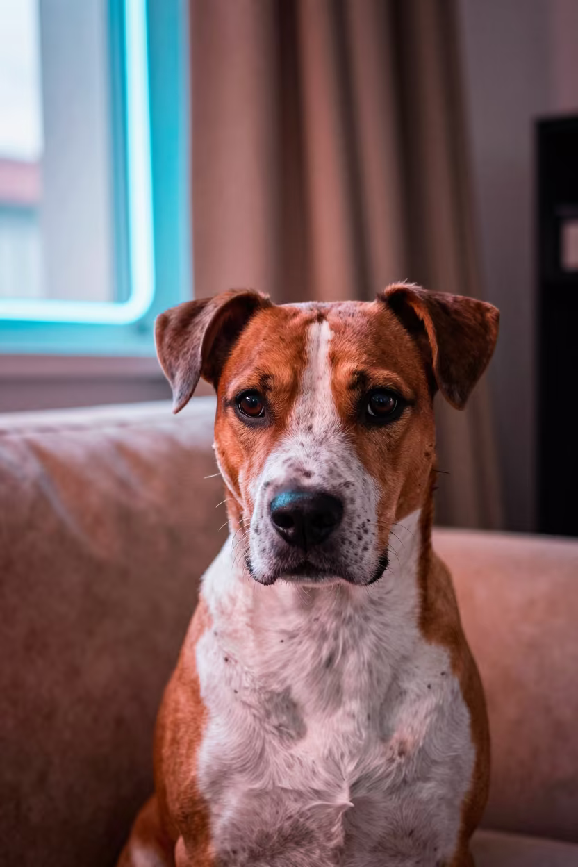Drentsche Patrijshond Portrait Baghdad Sofa Twilight in on a sofa near a curtained window with calm indoor light in Baghdad